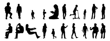 Vektör siluetleri, insanların ana hatları, Contour çizimleri, insanların siluetleri, ikon kümesi izole edilmiş, oturan insanların silueti, mimari set