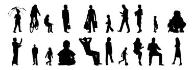 Vektör siluetleri, insanların ana hatları, Contour çizimleri, insanların siluetleri, ikon kümesi izole edilmiş, oturan insanların silueti, mimari set