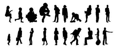 Vektör siluetleri, insanların ana hatları, Contour çizimleri, insanların siluetleri, ikon kümesi izole edilmiş, oturan insanların silueti, mimari set