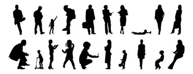 Vektör siluetleri, insanların ana hatları, Contour çizimleri, insanların siluetleri, ikon kümesi izole edilmiş, oturan insanların silueti, mimari set