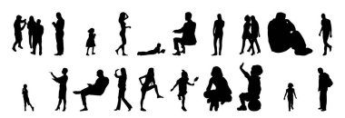 Vektör siluetleri, insanların ana hatları, Contour çizimleri, insanların siluetleri, ikon kümesi izole edilmiş, oturan insanların silueti, mimari set