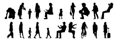 Vektör siluetleri, insanların ana hatları, Contour çizimleri, insanların siluetleri, ikon kümesi izole edilmiş, oturan insanların silueti, mimari set