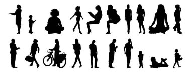 Vektör siluetleri, insanların ana hatları, Contour çizimleri, insanların siluetleri, ikon kümesi izole edilmiş, oturan insanların silueti, mimari set