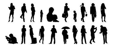 Vektör siluetleri, insanların ana hatları, Contour çizimleri, insanların siluetleri, ikon kümesi izole edilmiş, oturan insanların silueti, mimari set