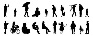 Vektör siluetleri, insanların ana hatları, Contour çizimleri, insanların siluetleri, ikon kümesi izole edilmiş, oturan insanların silueti, mimari set