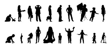 Vektör siluetleri, insanların ana hatları, Contour çizimleri, insanların siluetleri, ikon kümesi izole edilmiş, oturan insanların silueti, mimari set