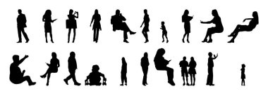 Vektör siluetleri, insanların ana hatları, Contour çizimleri, insanların siluetleri, ikon kümesi izole edilmiş, oturan insanların silueti, mimari set