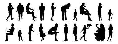 Vektör siluetleri, insanların ana hatları, Contour çizimleri, insanların siluetleri, ikon kümesi izole edilmiş, oturan insanların silueti, mimari set