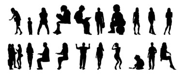 Vektör siluetleri, insanların ana hatları, Contour çizimleri, insanların siluetleri, ikon kümesi izole edilmiş, oturan insanların silueti, mimari set