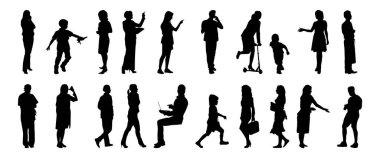 Vektör siluetleri, insanların ana hatları, Contour çizimleri, insanların siluetleri, ikon kümesi izole edilmiş, oturan insanların silueti, mimari set