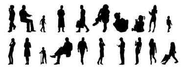Vektör siluetleri, insanların ana hatları, Contour çizimleri, insanların siluetleri, ikon kümesi izole edilmiş, oturan insanların silueti, mimari set