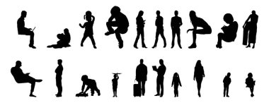 Vektör siluetleri, insanların ana hatları, Contour çizimleri, insanların siluetleri, ikon kümesi izole edilmiş, oturan insanların silueti, mimari set