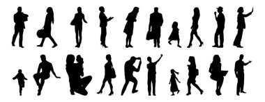 Vektör siluetleri, insanların ana hatları, Contour çizimleri, insanların siluetleri, ikon kümesi izole edilmiş, oturan insanların silueti, mimari set