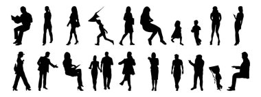 Vektör siluetleri, insanların ana hatları, Contour çizimleri, insanların siluetleri, ikon kümesi izole edilmiş, oturan insanların silueti, mimari set