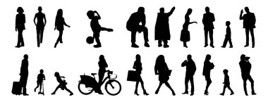 Vektör siluetleri, insanların ana hatları, Contour çizimleri, insanların siluetleri, ikon kümesi izole edilmiş, oturan insanların silueti, mimari set