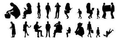 Vektör siluetleri, insanların ana hatları, Contour çizimleri, insanların siluetleri, ikon kümesi izole edilmiş, oturan insanların silueti, mimari set