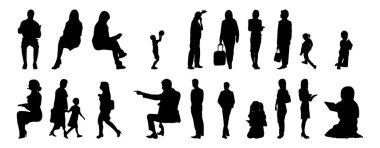 Vektör siluetleri, insanların ana hatları, Contour çizimleri, insanların siluetleri, ikon kümesi izole edilmiş, oturan insanların silueti, mimari set