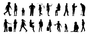 Vektör siluetleri, insanların ana hatları, Contour çizimleri, insanların siluetleri, ikon kümesi izole edilmiş, oturan insanların silueti, mimari set