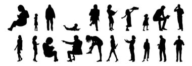 Vektör siluetleri, insanların ana hatları, Contour çizimleri, insanların siluetleri, ikon kümesi izole edilmiş, oturan insanların silueti, mimari set