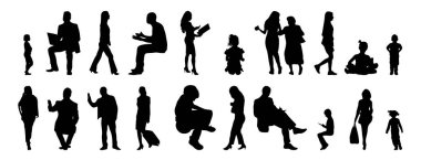 Vektör siluetleri, insanların ana hatları, Contour çizimleri, insanların siluetleri, ikon kümesi izole edilmiş, oturan insanların silueti, mimari set