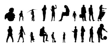 Vektör siluetleri, insanların ana hatları, Contour çizimleri, insanların siluetleri, ikon kümesi izole edilmiş, oturan insanların silueti, mimari set