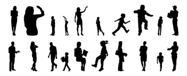 Vektör siluetleri, insanların ana hatları, Contour çizimleri, insanların siluetleri, ikon kümesi izole edilmiş, oturan insanların silueti, mimari set