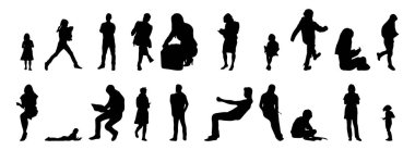 Vektör siluetleri, insanların ana hatları, Contour çizimleri, insanların siluetleri, ikon kümesi izole edilmiş, oturan insanların silueti, mimari set