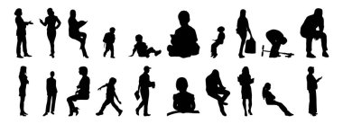 Vektör siluetleri, insanların ana hatları, Contour çizimleri, insanların siluetleri, ikon kümesi izole edilmiş, oturan insanların silueti, mimari set