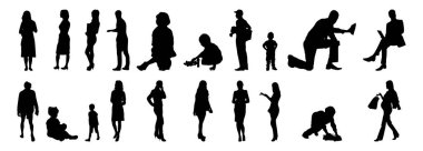 Vektör siluetleri, insanların ana hatları, Contour çizimleri, insanların siluetleri, ikon kümesi izole edilmiş, oturan insanların silueti, mimari set