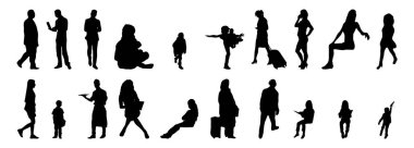 Vektör siluetleri, insanların ana hatları, Contour çizimleri, insanların siluetleri, ikon kümesi izole edilmiş, oturan insanların silueti, mimari set