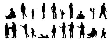 Vektör siluetleri, insanların ana hatları, Contour çizimleri, insanların siluetleri, ikon kümesi izole edilmiş, oturan insanların silueti, mimari set