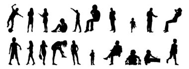 Vektör siluetleri, insanların ana hatları, Contour çizimleri, insanların siluetleri, ikon kümesi izole edilmiş, oturan insanların silueti, mimari set