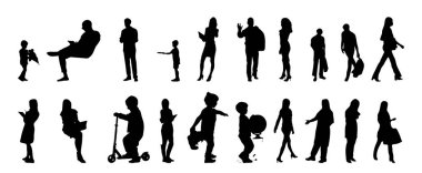 Vektör siluetleri, insanların ana hatları, Contour çizimleri, insanların siluetleri, ikon kümesi izole edilmiş, oturan insanların silueti, mimari set