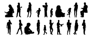 Vektör siluetleri, insanların ana hatları, Contour çizimleri, insanların siluetleri, ikon kümesi izole edilmiş, oturan insanların silueti, mimari set