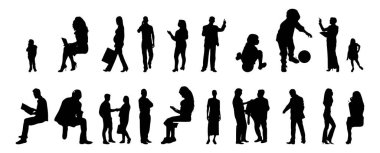 Vektör siluetleri, insanların ana hatları, Contour çizimleri, insanların siluetleri, ikon kümesi izole edilmiş, oturan insanların silueti, mimari set