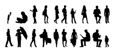 Vektör siluetleri, insanların ana hatları, Contour çizimleri, insanların siluetleri, ikon kümesi izole edilmiş, oturan insanların silueti, mimari set