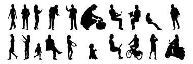 Vektör siluetleri, insanların ana hatları, Contour çizimleri, insanların siluetleri, ikon kümesi izole edilmiş, oturan insanların silueti, mimari set