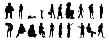 Vektör siluetleri, insanların ana hatları, Contour çizimleri, insanların siluetleri, ikon kümesi izole edilmiş, oturan insanların silueti, mimari set