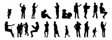 Vektör siluetleri, insanların ana hatları, Contour çizimleri, insanların siluetleri, ikon kümesi izole edilmiş, oturan insanların silueti, mimari set