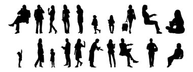 Vektör siluetleri, insanların ana hatları, Contour çizimleri, insanların siluetleri, ikon kümesi izole edilmiş, oturan insanların silueti, mimari set