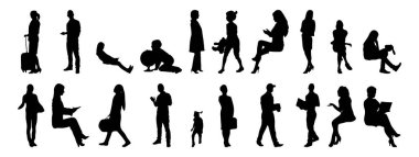 Vektör siluetleri, insanların ana hatları, Contour çizimleri, insanların siluetleri, ikon kümesi izole edilmiş, oturan insanların silueti, mimari set