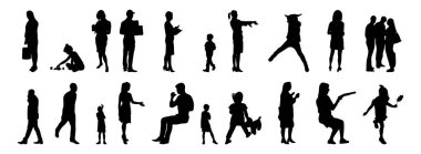 Vektör siluetleri, insanların ana hatları, Contour çizimleri, insanların siluetleri, ikon kümesi izole edilmiş, oturan insanların silueti, mimari set