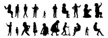 Vektör siluetleri, insanların ana hatları, Contour çizimleri, insanların siluetleri, ikon kümesi izole edilmiş, oturan insanların silueti, mimari set