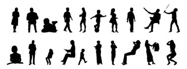 Vektör siluetleri, insanların ana hatları, Contour çizimleri, insanların siluetleri, ikon kümesi izole edilmiş, oturan insanların silueti, mimari set