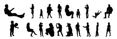 Vektör siluetleri, insanların ana hatları, Contour çizimleri, insanların siluetleri, ikon kümesi izole edilmiş, oturan insanların silueti, mimari set