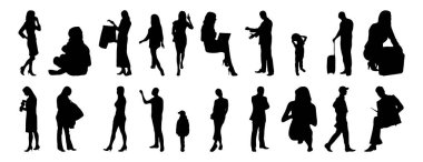 Vektör siluetleri, insanların ana hatları, Contour çizimleri, insanların siluetleri, ikon kümesi izole edilmiş, oturan insanların silueti, mimari set