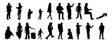 Vektör siluetleri, insanların ana hatları, Contour çizimleri, insanların siluetleri, ikon kümesi izole edilmiş, oturan insanların silueti, mimari set