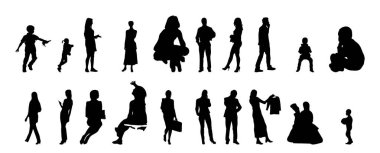 Vektör siluetleri, insanların ana hatları, Contour çizimleri, insanların siluetleri, ikon kümesi izole edilmiş, oturan insanların silueti, mimari set