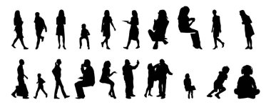 Vektör siluetleri, insanların ana hatları, Contour çizimleri, insanların siluetleri, ikon kümesi izole edilmiş, oturan insanların silueti, mimari set