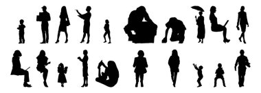 Vektör siluetleri, insanların ana hatları, Contour çizimleri, insanların siluetleri, ikon kümesi izole edilmiş, oturan insanların silueti, mimari set